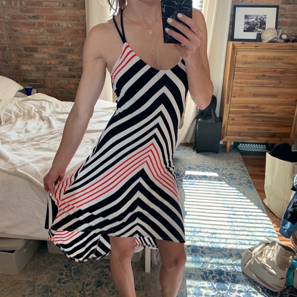 Red black and white Bebe High low dress